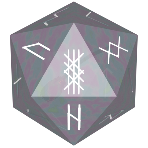 stylized logo for the brand 'Into The Wyrd,' featuring a translucent 20-sided die as the central element. The faces of the die are numbered with runes, with the Wyrd rune prominently displayed in the foreground as the number 20. The die has a faintly marbled texture in muted shades of purple, gray, and green, adding an ethereal quality. Inside the die, subtly visible, is a broomstick symbol, referencing the parent company, Broomstick Adventures.