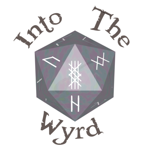 A stylized logo for the brand 'Into The Wyrd,' featuring a translucent 20-sided die as the central element. The faces of the die are numbered with runes, with the Wyrd rune prominently displayed in the foreground as the number 20. The die has a faintly marbled texture in muted shades of purple, gray, and green, adding an ethereal quality. Inside the die, subtly visible, is a broomstick symbol, referencing the parent company, Broomstick Adventures. Surrounding the die is the brand name, with the words 'Into The' arched above and 'Wyrd' curved below, written in a dark, serif font that complements the mystical theme.